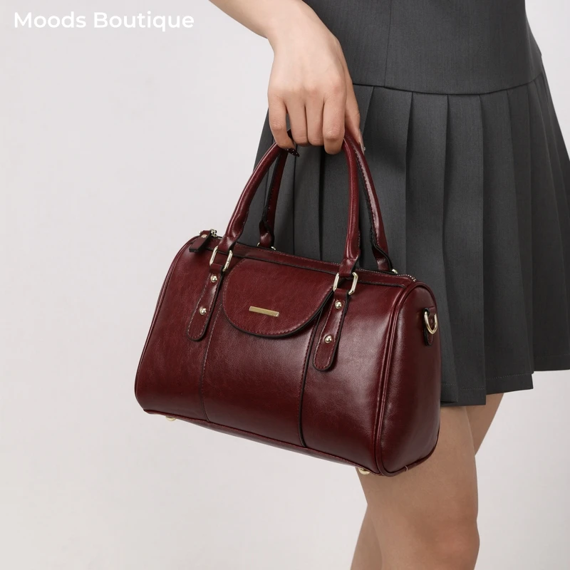 

MOODS Premium Boston Bags For Women Retro Top-handle Bags Luxury Designer Handbags PU Leather Pure Color Shoulder Cross Body Bag