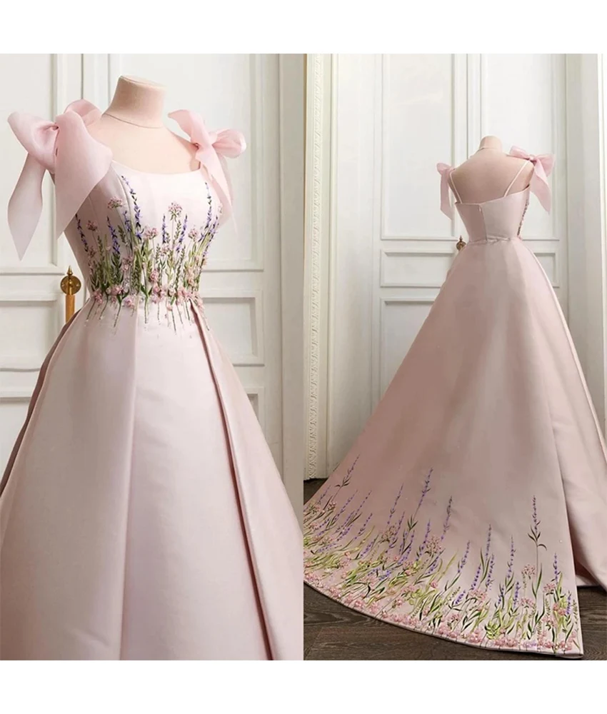 

Customized Classic Satin A-Line Spaghetti Straps 3D Bow Appliques Flowers Evening Dress Fashion Strapless Sleeveless Party Gowns