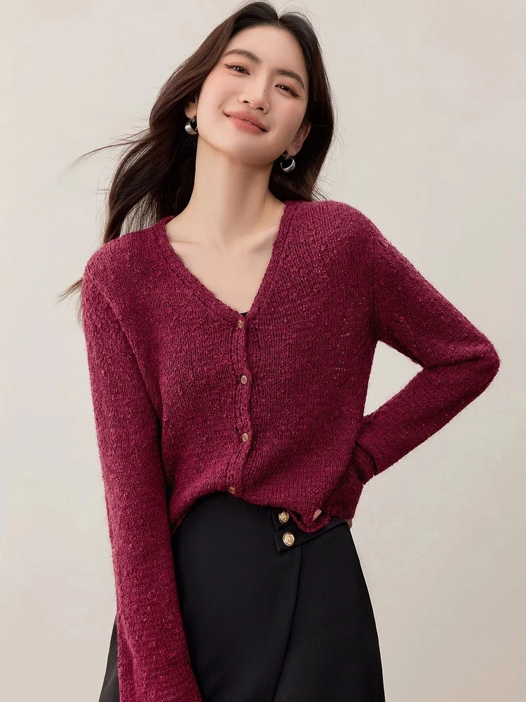 

SENTUBILA Women's Wool-Blend V-Neck Contrast Button Cardigan 2025 Autumn Cropped Cover-Up With Drop Shoulder Knit Top W53EB3467