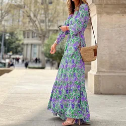 Women's Summer New Fashionable Printed Sexy V-neck Long Sleeve High Waist Elastic Waist Medium Length Bohemian Dresses