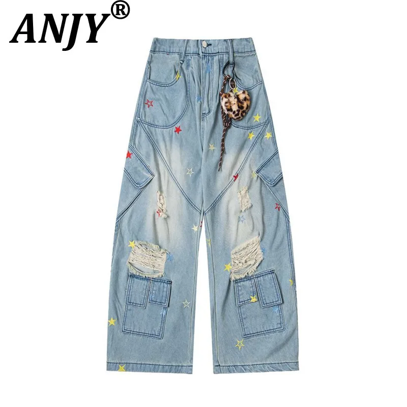 

ANJY 2025 Autumn New Women American Star Pattern Sweet Jeans Ins Fashion Personality Ripped Tide Safari Style Denim Pants A12043