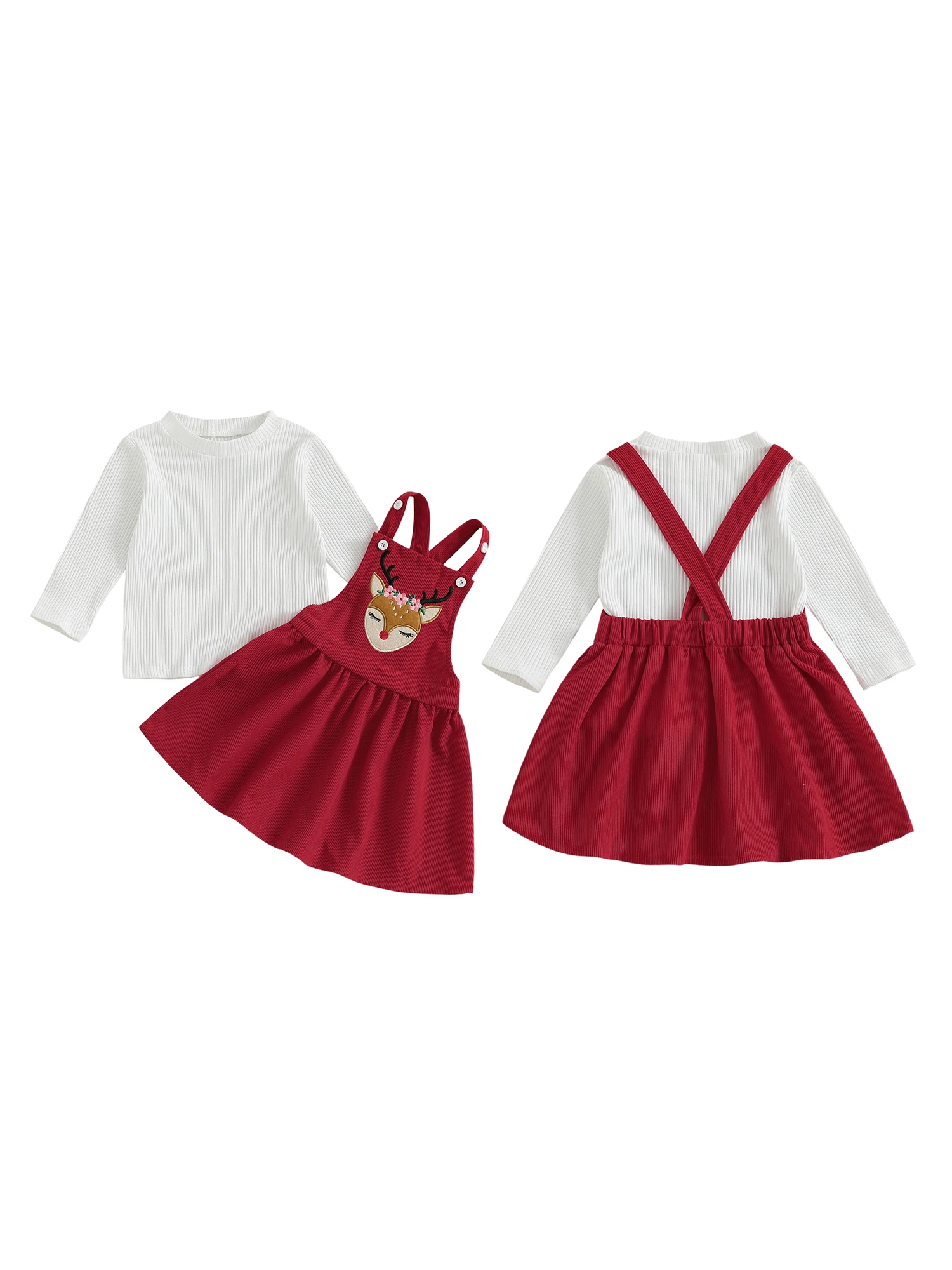 

Рождественский наряд для маленьких девочек, красный клетчатый топ с рюшами и рукавами, комбинезон с аппликацией в виде оленя, юбка, комплект из 2 предметов, праздничный костюм