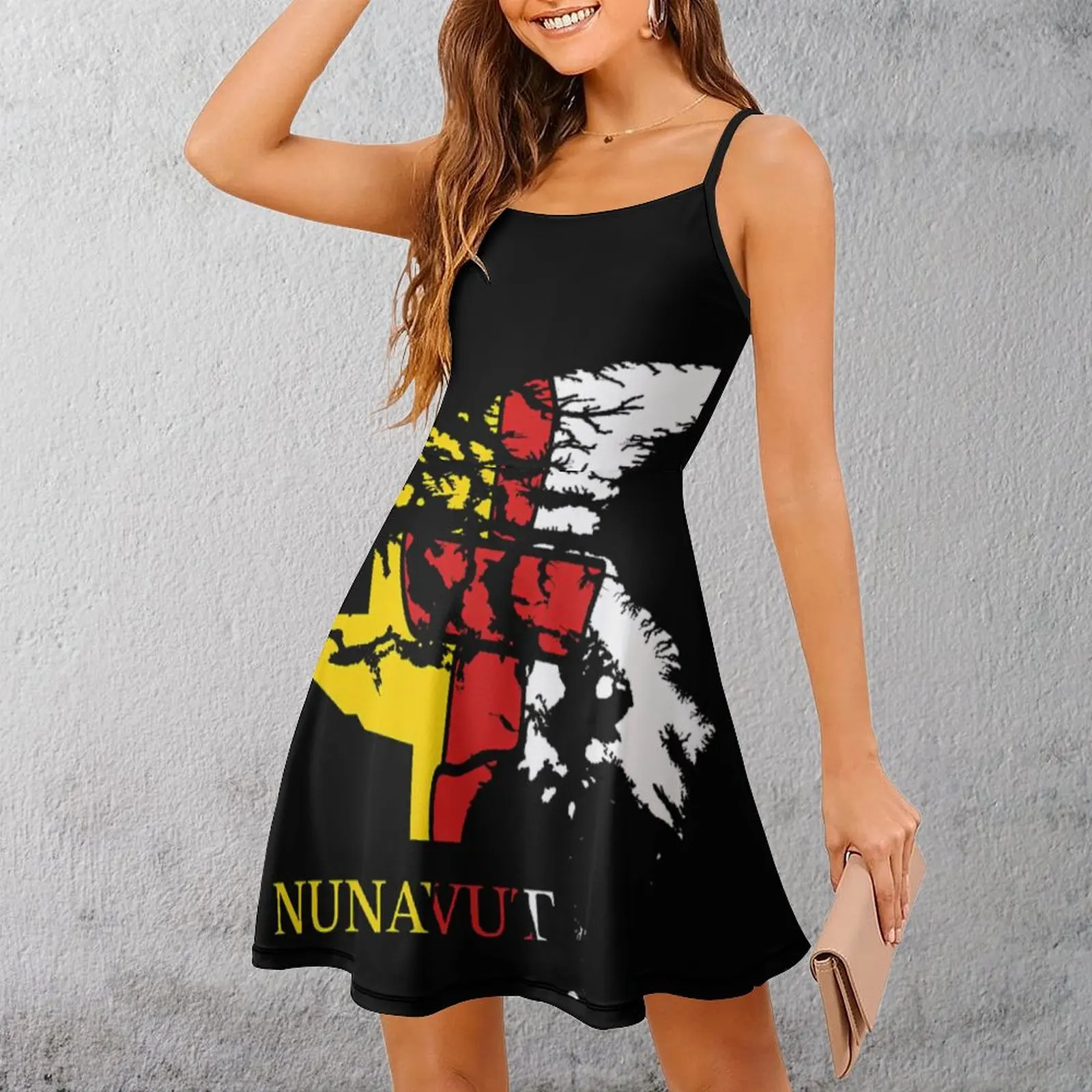 

Exotic Woman's Dress Strappy Dress Nunavut Flag Map, NU, Canada Women's Sling Dress Hot Sale Vacations Humor Graphic