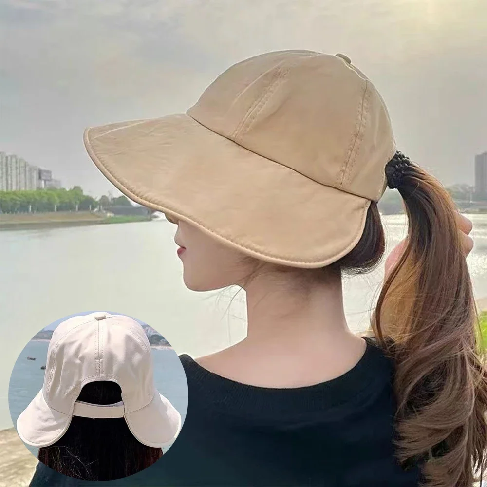 Foldable Summer Wide Brim Sunhat Women Sun Hats Adjustable Outdoor Beach Bucket Hat UV Protection Visors Fisherman Ponytail Caps