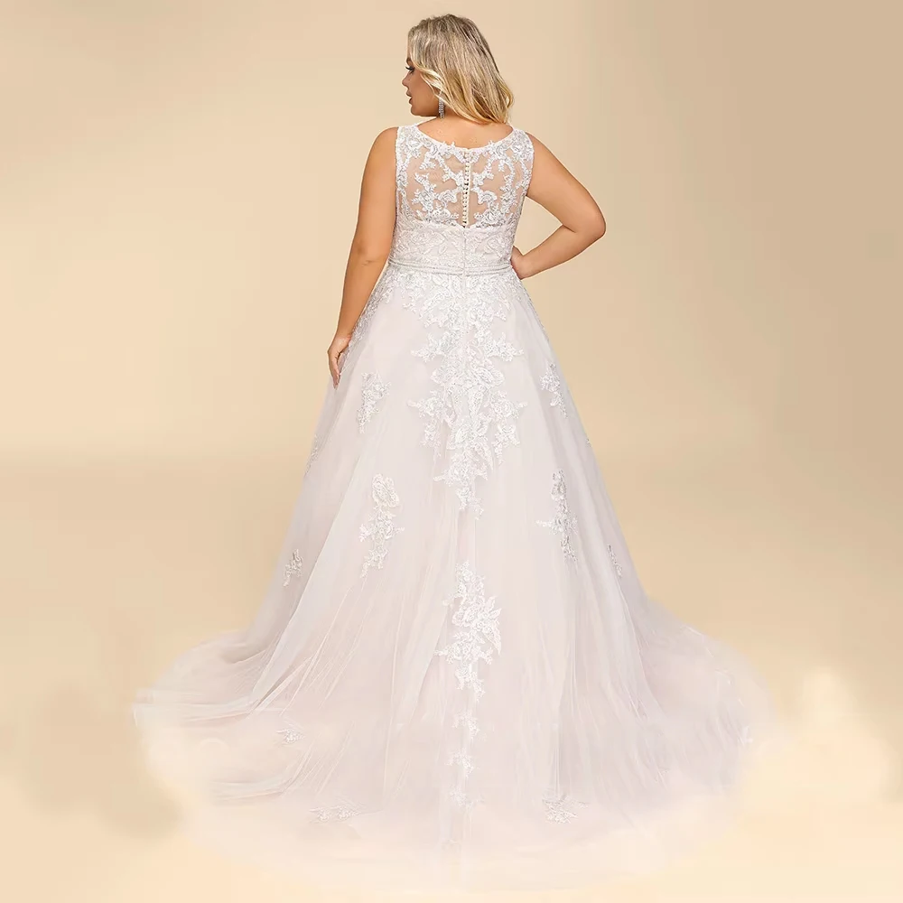 Customized New Arrival Wedding Dress Plus Size Sleeveless Beading Belt Illusion Back Zipper Buttons Applique A Line Bridal Gown