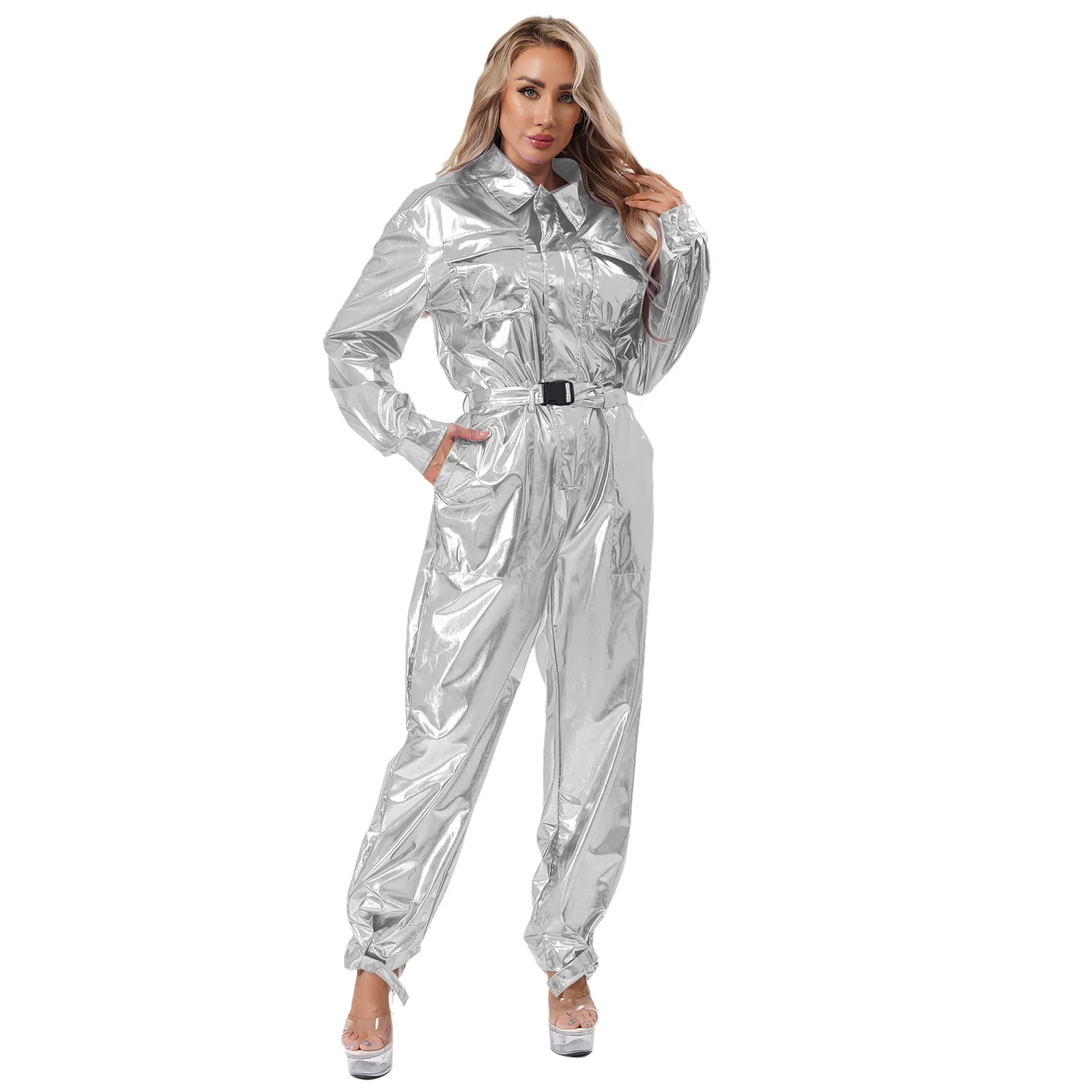 Hochglänzender modischer Damen-Body mit Umlegekragen, vielseitiger metallischer Overall für Disco-Tanz, Rockmusik, Festival