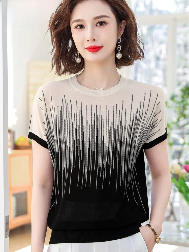 

New Ice Silk Knitted Top Loose Materni T-irt Long Sve Inner Wear Belly Covering Faionable plus Size Middle-Aged Wome...