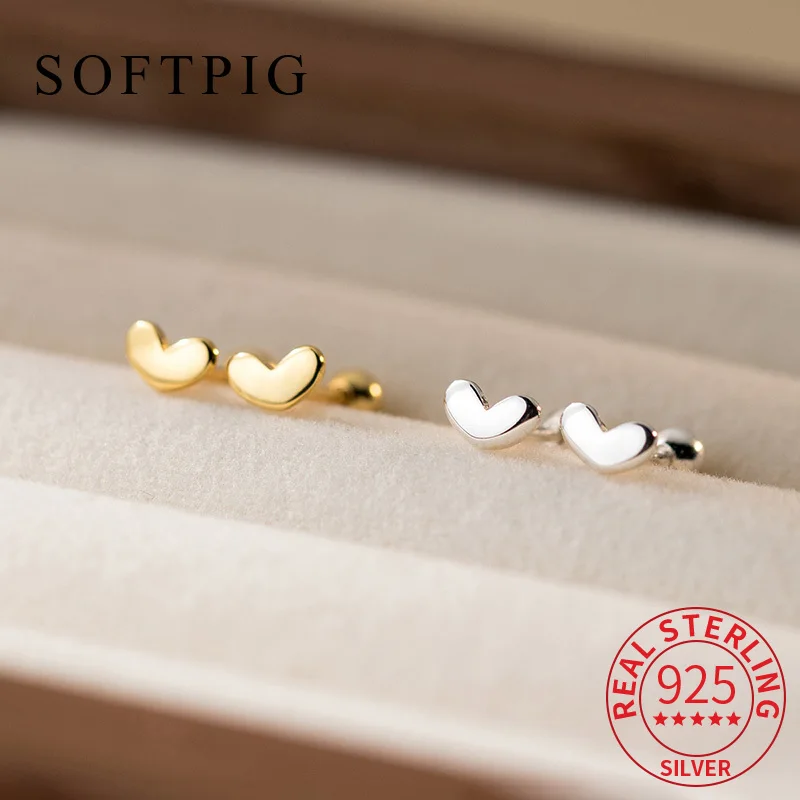 

SOFTPIG Real 925 Sterling Silver Mini Heart Bead Screw Stud Earrings for Women Cute Fine Jewelry 14K Gold Accessories