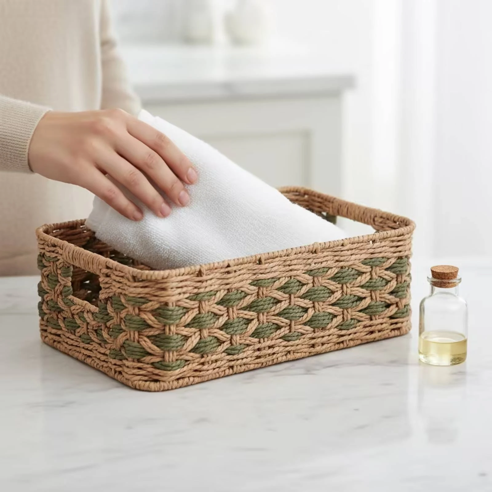 Rope Storage Basket Open-Top Woven Basket with Handles Rectangular Storage Bin Decorative Sturdy for Desktop, Bedroom