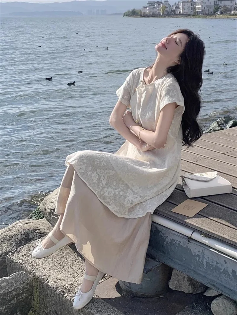 

New Chinese Style Zen Style Layered Dress set for Women in Summer 2025 High-end Embroidered Lace Blouse Half Skirt Two-piece Set