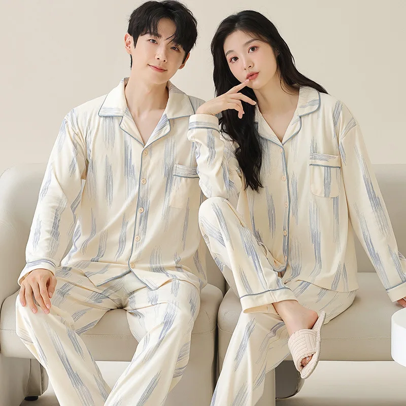 

Men and Women's Cotton Pajamas Set Long Sleeve Loose Solid Home Wear Couples Spring and Autumn Sleepwear lounge set Dropship