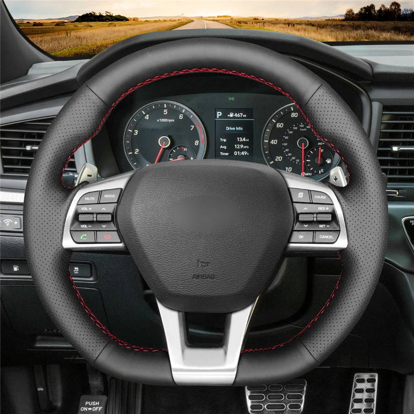 

DIY Black Genuine Leather Car Steering Wheel Cover For Hyundai Sonata 9 (3-Spoke D-Shape) 2015-2019 Car Accessories