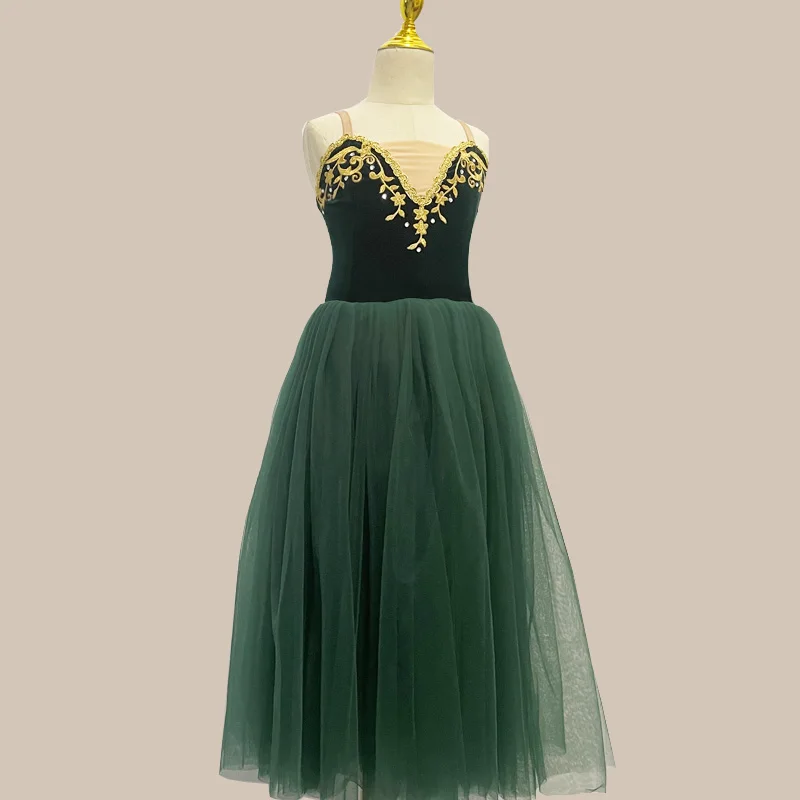 Dark Green Ballet Dress For Girls Kids Long Classical Ballerina Leotard Professional Ballet Tutu Swan Lake  Dance Costume Wear