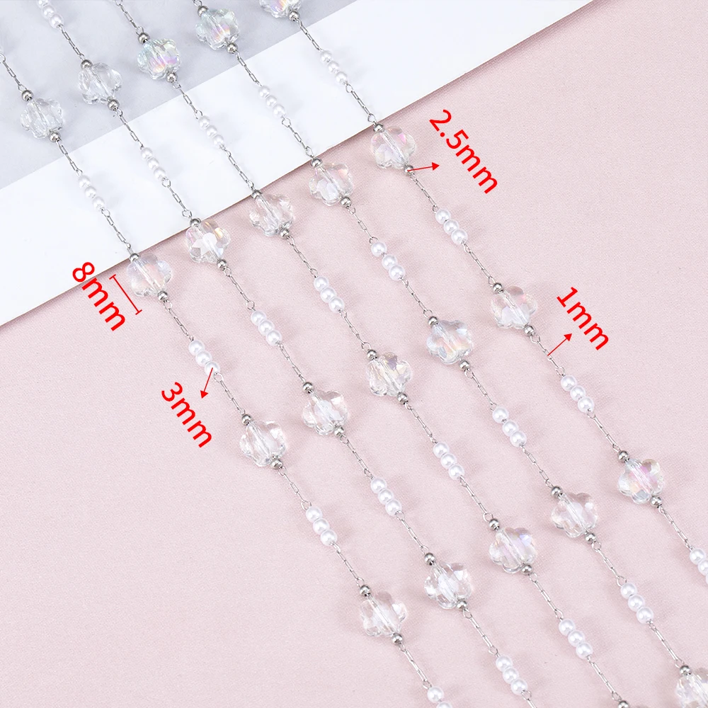 1M Stainless Steel Silver Color Chain Transparent Crystal Charm & ABS Pearl Bead Chains for DIY Beaded Necklaces Bracelet Chain