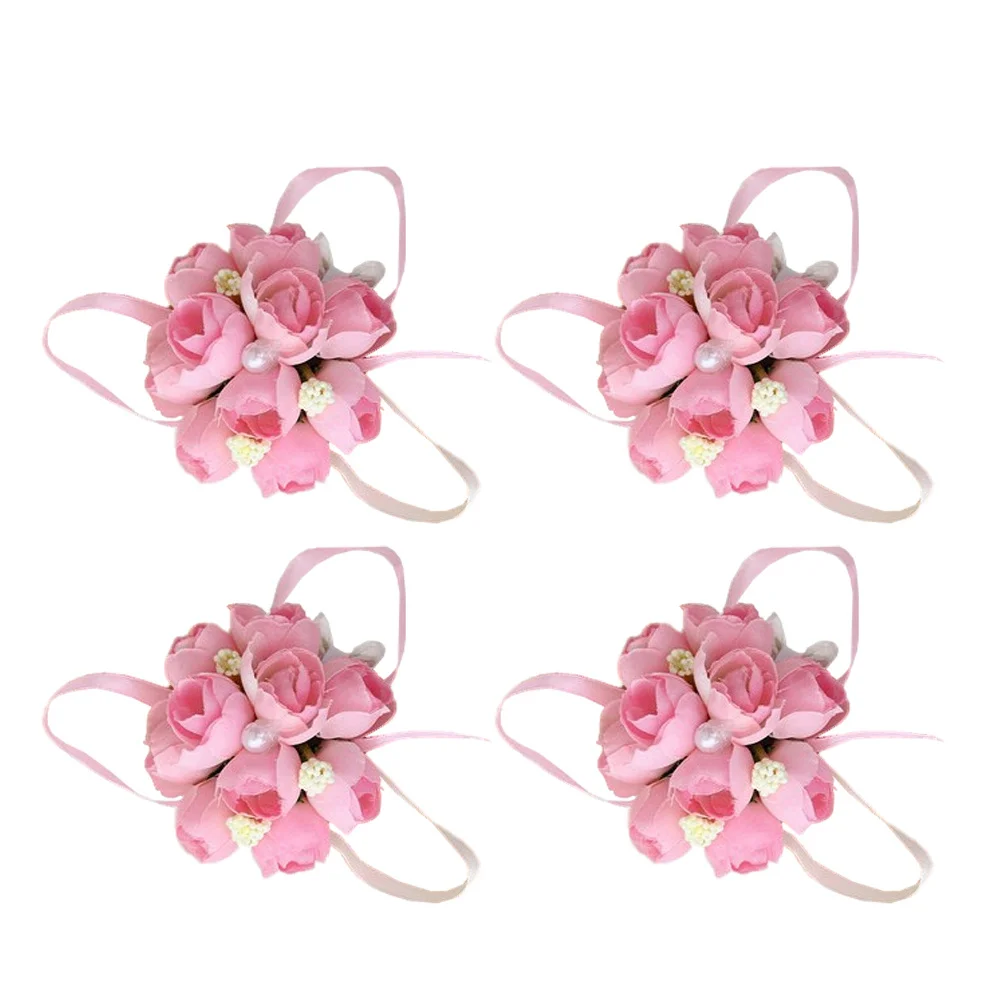 4 Pcs Corsage Wrist Flower Bridesmaid Pink Bridesmaids Women Wedding Decor Brooch Flowers