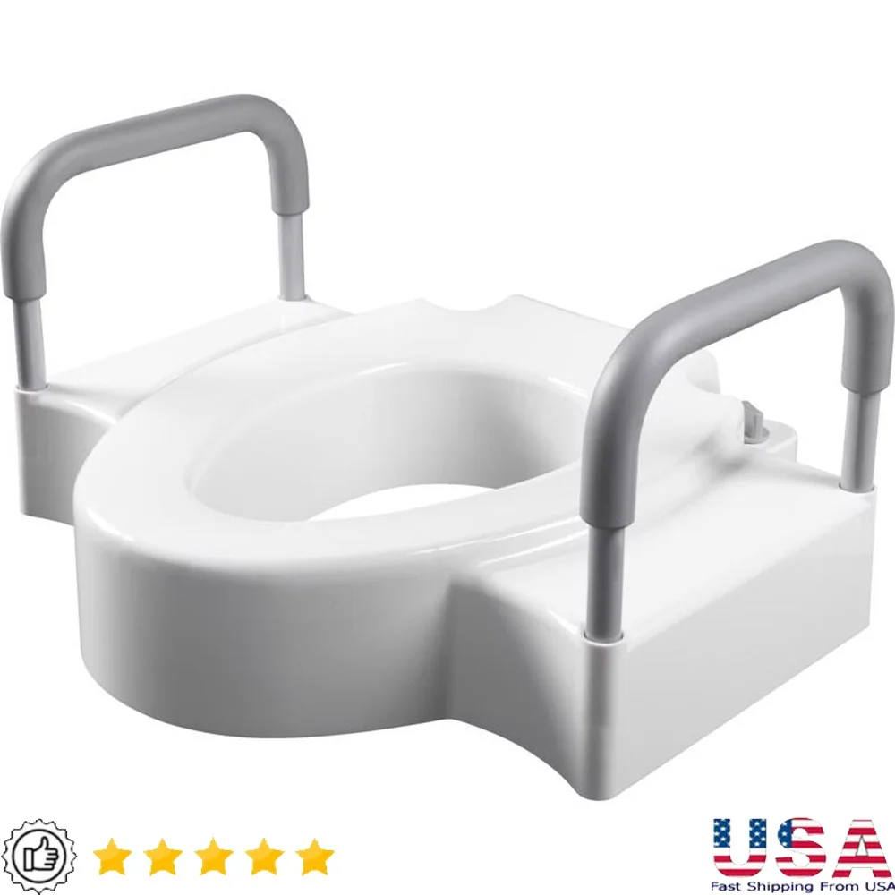 

Raised Toilet Seat with Dual Lock Security Adjustable Mounting Base Support Arms Easy Clean Elongated Round Design 300 lbs