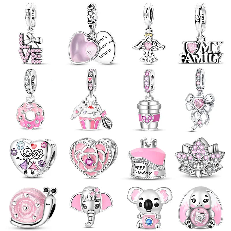 

925 Sterling Silver Pink Donut Flower Bow Heart-Shaped Elephant Charms Beads For Women Fit Original Bracelet DIY Jewelry Gifts