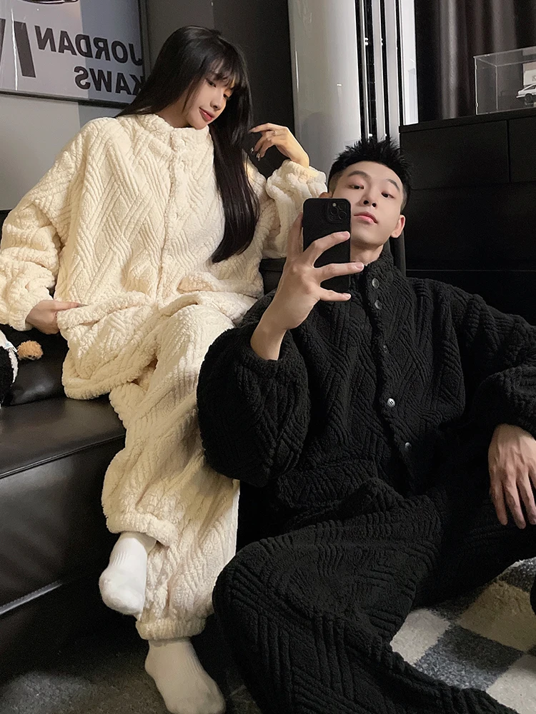 

DAIMELU male sleepwear winter coral fleece nighty pajamas men flannel thickened warm boy long sleeved loungewear suit plus size