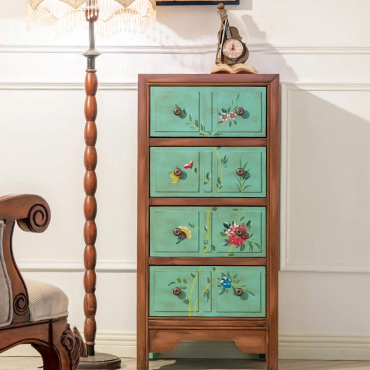 American retro painted furniture, green chest, retro living room locker, storage cabinet, bedroom bedside cabinet