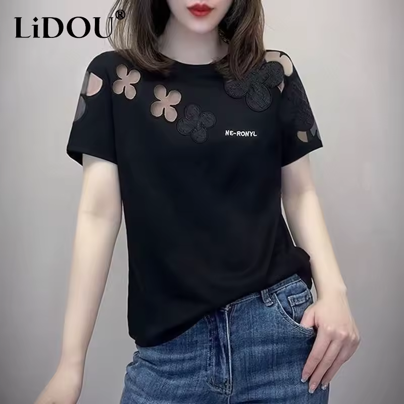 2023 Summer New Fashion Elegant Loose Casual T-Shirts Women Solid Color Round Neck Short Sleeve Embroidered Hollow Cotton Tees Products on AliExpress