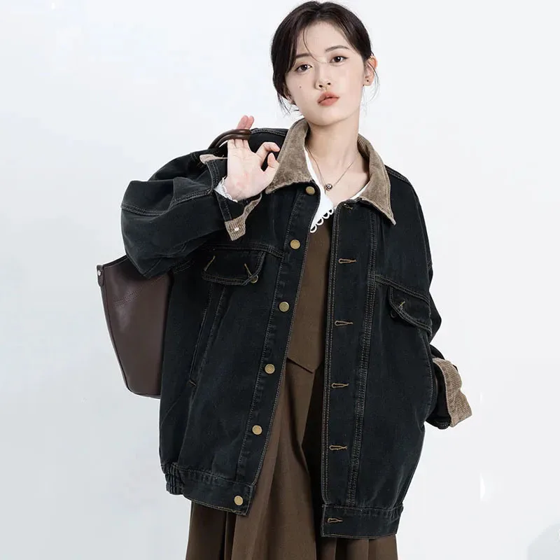 Gidyq Women Patchwork Denim Jacket Fashion Korean Streetwear Loose Coats Autumn Harajuku Casual Female All Match Outwear New