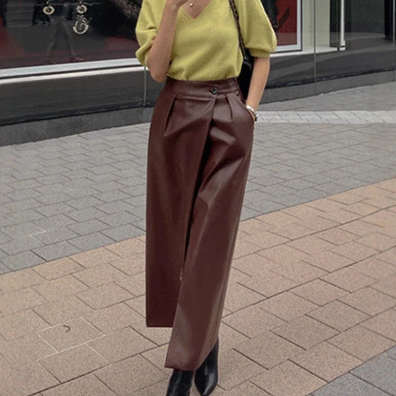 

Elegant Skirts for Women Black PU Leather High Waist 2025 Autumn Winter Loose Knee-length Split A-line Hip Wrapping Long Dresses