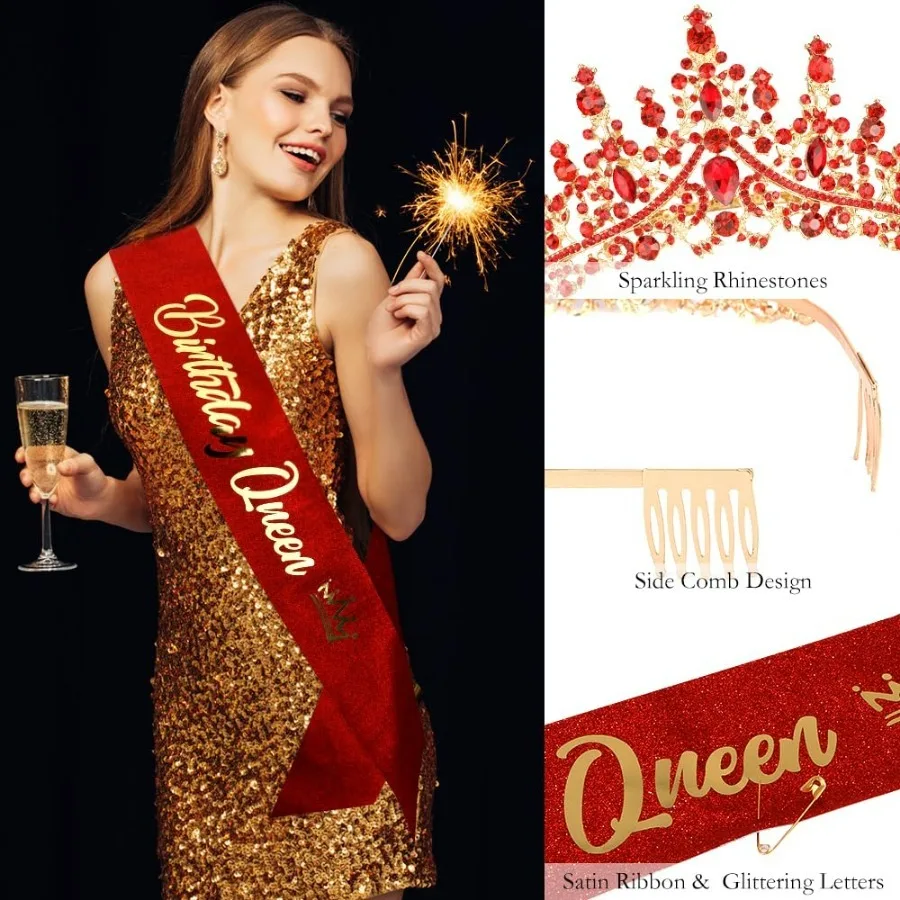 Barocke Strass-Geburtstagsköniginnen-Schärpe mit Krone, Tiara und Stirnband, Geburtstags-Schärpe mit Anstecknadel, Happy Birthday Party Dekoration – Detail 14