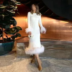 White Muslim Mermaid Evening Dress Arabic Prom Dresses Stain Feathers Customized Women Formal Occasion Dress Prom Gowns