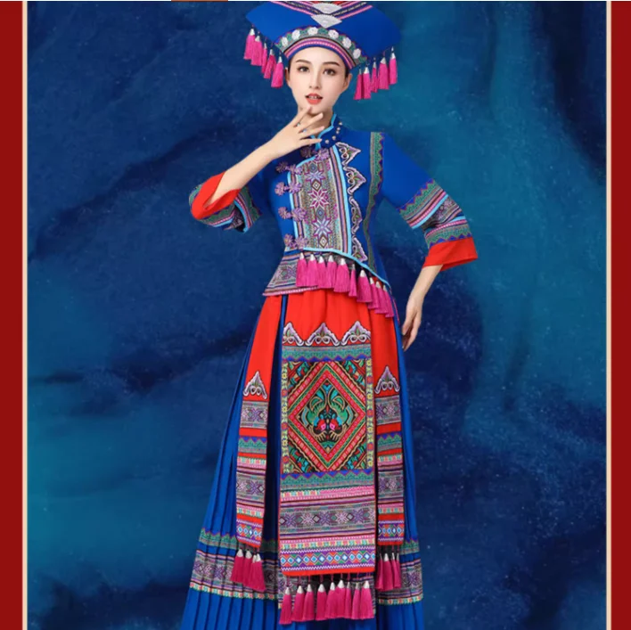 Chiński strój narodowy Guangxi Zhuang dla kobiet, kostium z frędzlami na występy sceniczne