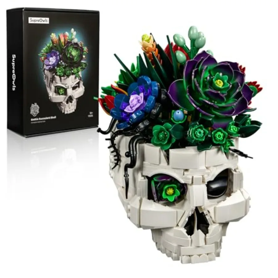 

Succulent Skull Planter Building Set Botanical Skeleton Pot Collection with Green Succulents Horror-Themed Home Office Table De