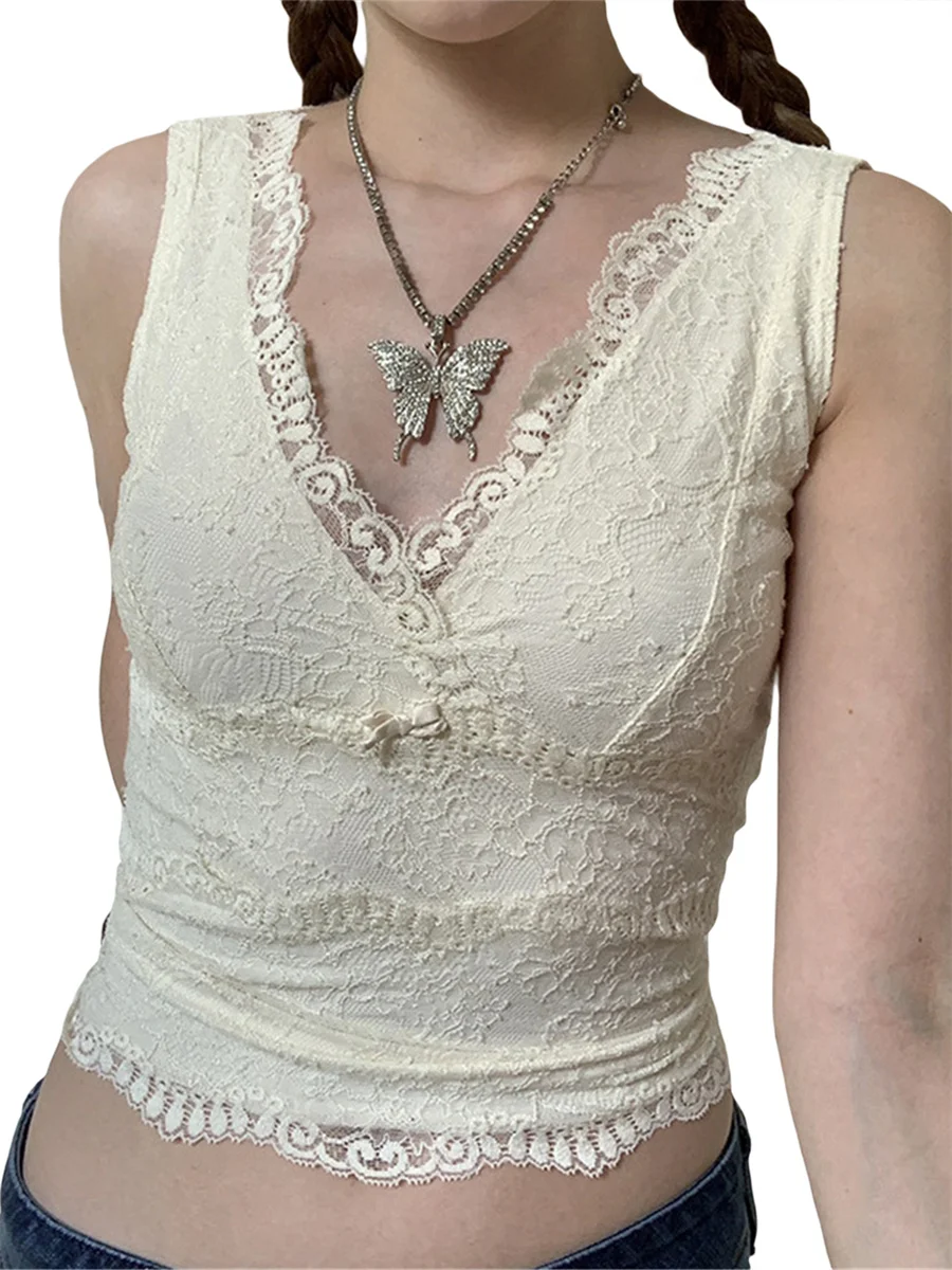 Camisetas sin mangas con encaje para mujer, ropa Vintage Y2k Cutecore con lazo, cuello en V, ajustado, ombligo, Color sólido, 2000s