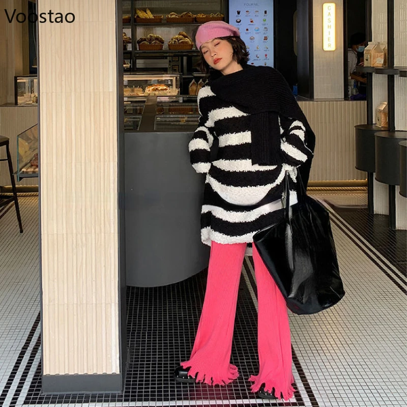 Grunge Striped Contrast Color Loose Sweater Y2k Aesthetic Vintage Knitted Cardigans Fashion Harajuku Women All Match Jumpers