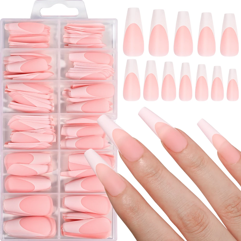 120Pcs/set Pink&White French Press On Nail Tips Full Cover Matte Coffin Fake Nails Soft Extension Acrylic Detachable% False Nail