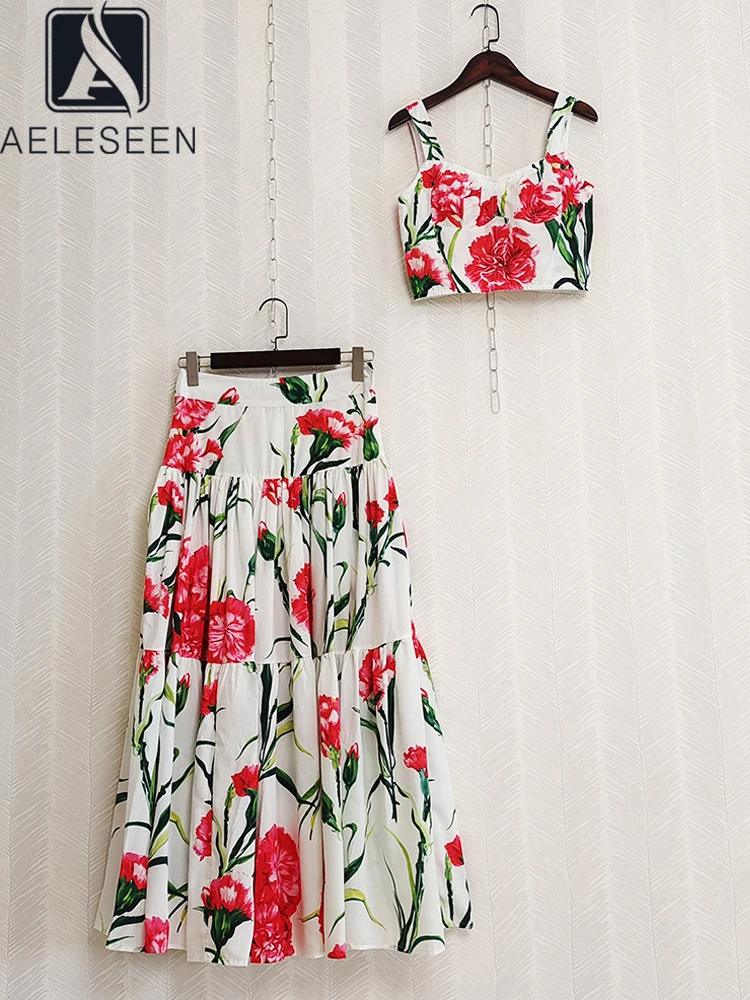 

AELESEEN Women Summer Sicilian Set Flower Printed Short Camis Corset Crop + High Waist Long Skirt Elegant Holiday Set