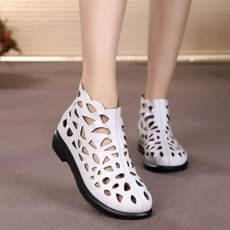 

Women Genuine Leather Big Size Ankle Cool Boot Spring Summer New Soft sole Non Slip Round Toe Hollow Out High Top Flat sole Boot