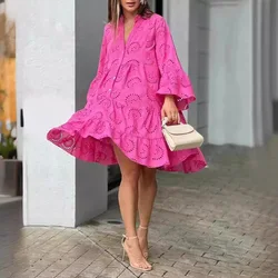 Spring Summer New Women's Dress Solid Color V-neck Embroidered Hollow Lace Flower Sexy Dress Loose Casual Broken Copper Dress