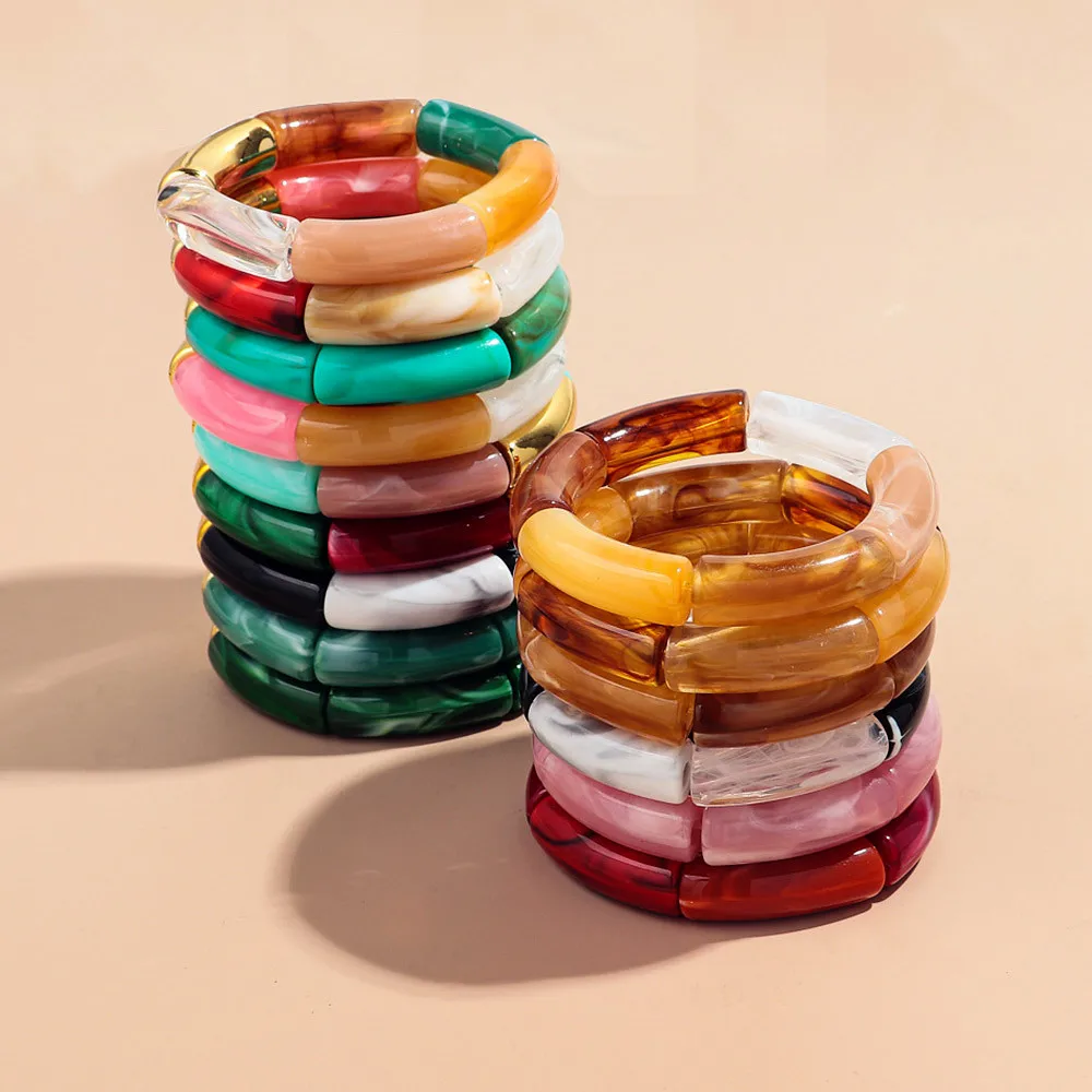 New Colorful Big Bamboo Tube Beads Acrylic Bracelets Bangle for Women Men Boho Stretch Curved Resin Bracelet Stack Jewelry Gifts