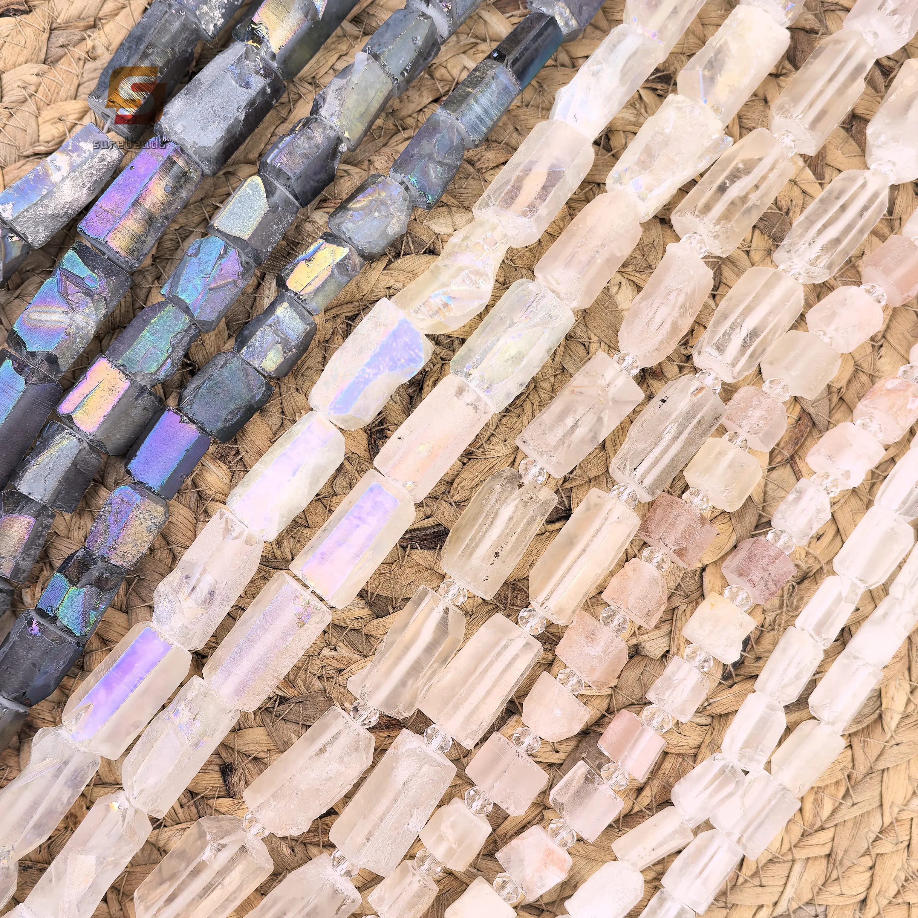 

15.5"strand Titanium Natural Crystal Faceted Nugget Loose Beads,Rainbow Rough Quartz Pendant Necklace Bracelet Jewelry Making