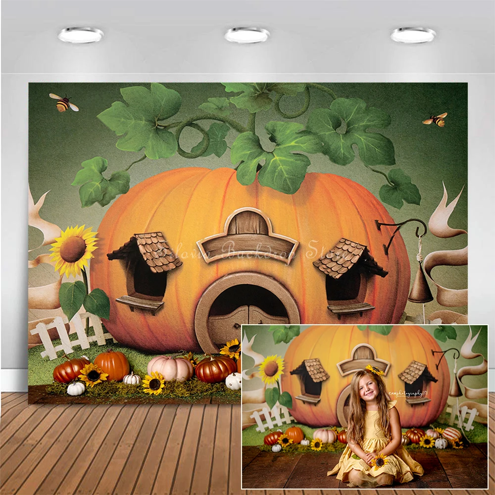 

Fairy Tale Pumpkin House Photo Background Kids Portrait Cake Smash Photo Studio Props Backdrop Sunflower Bee Photography