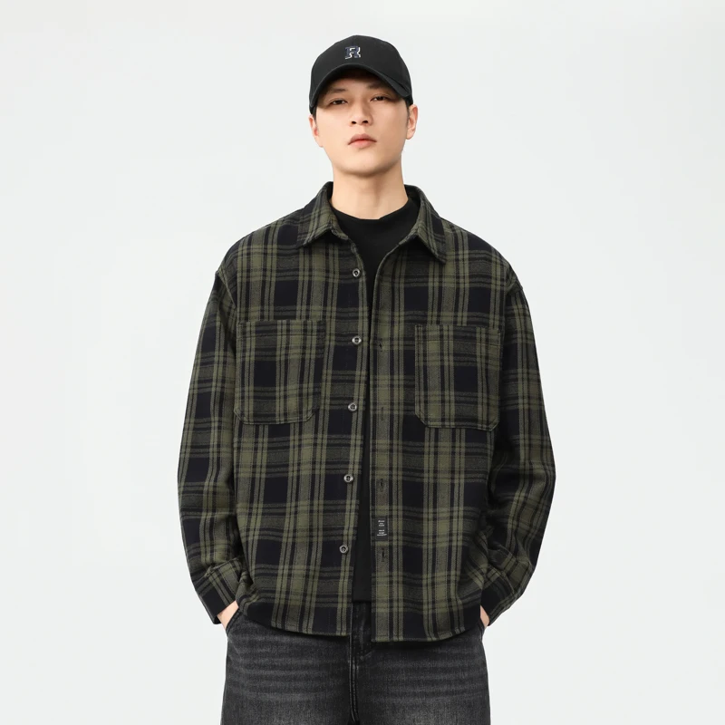 

American Retro Plaid Long Sve Cotton irt Men's Loose Casual Workwear Jaet Trendy Autumn Season Youth ular Sle