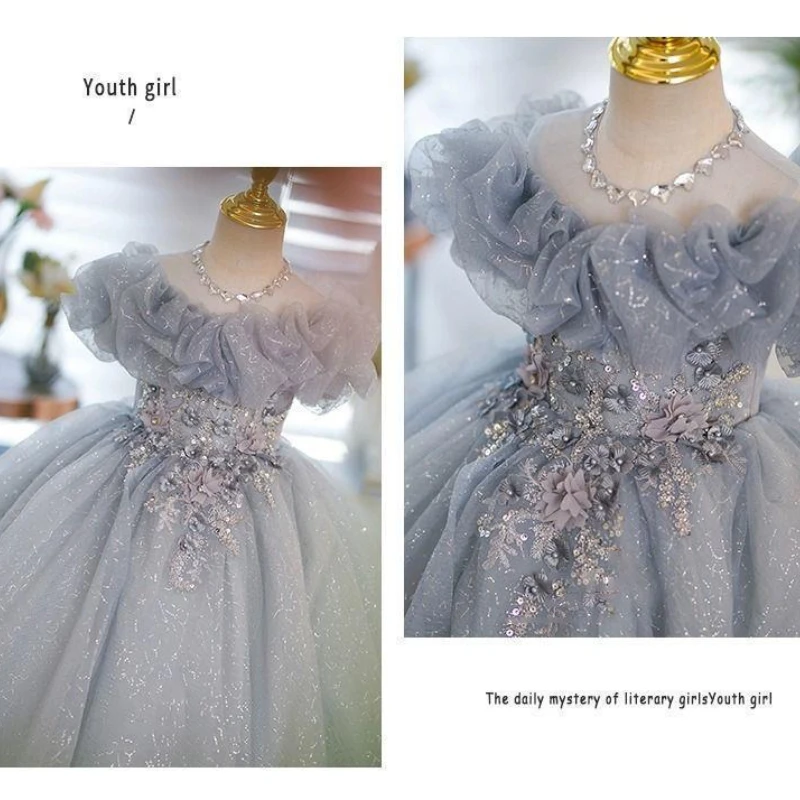 Sequins Gala Robe Dresses for Girls Kids Pageant Teenagers Communion Outfit Banquet Wedding Gown Performance Vestidos Children