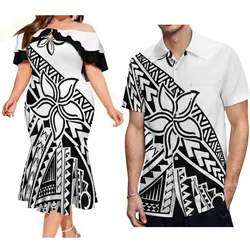 Island Style Black And White Couple Suit Women'S Off-The-Shoulder Short Sleeve Dress And Men'S Shirt Polynesian Island Design