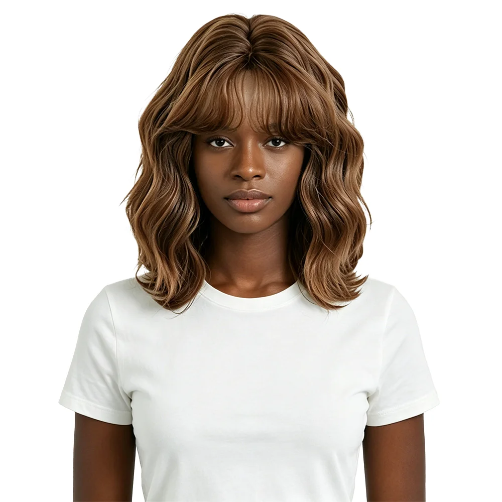 

Light Caramel Brown Curly Bob Wig With Bangs For Black Women Natural Wave Heat Resistant Synthetic Wig Easy To Wear Daily Use