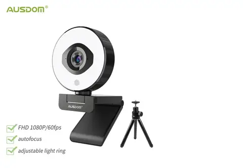 Hu-AUSDOM-Webcam FHD 1080P 60FPS résistante à autofocus 75, caméra de flux avec lumière droite réglable, trépied gratuit pour streaming en direct