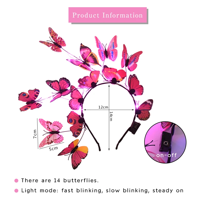 Women Girls Glowing Butterfly Headband LED Light Up Simulation Pink Blue Butterfly Flower Branch Hairband Headdress Party Decor