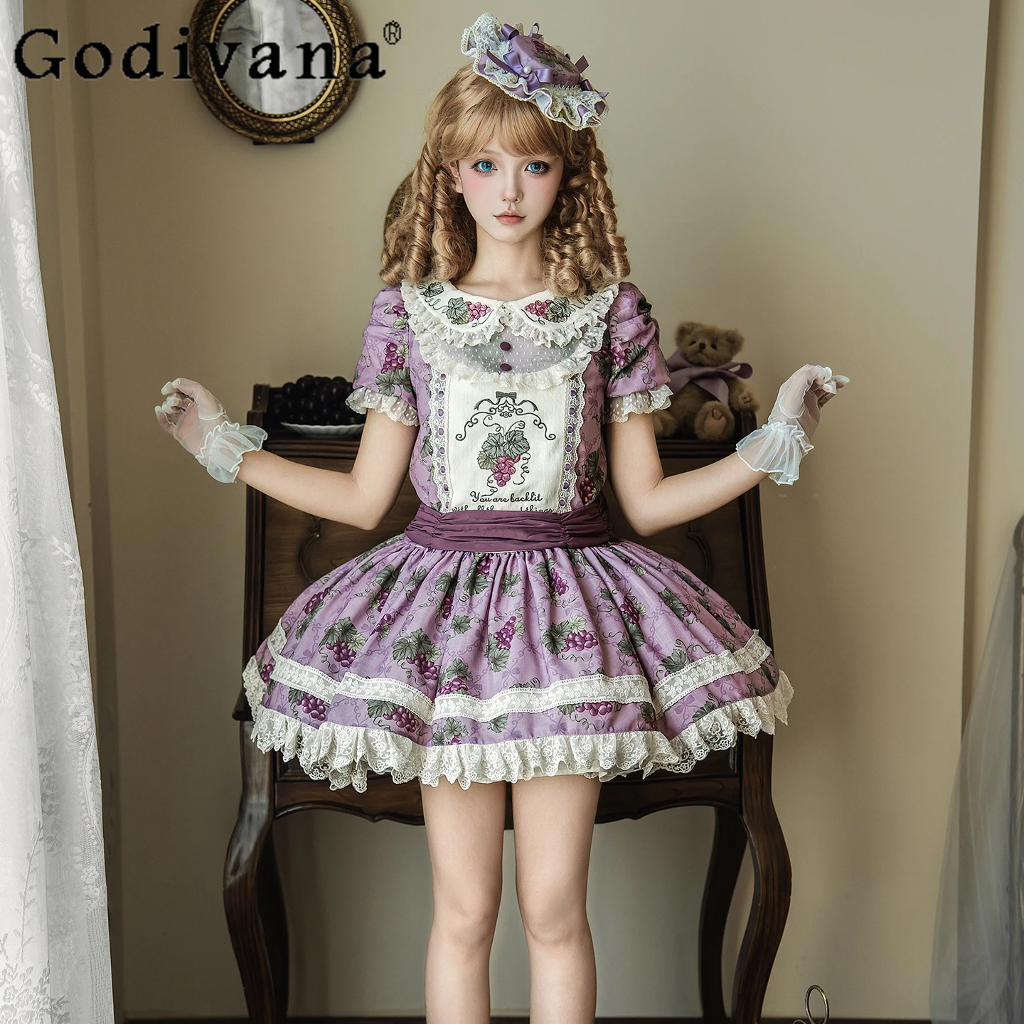 

Japanese Original Lolita Design Sweet Cute Short Sleeve Dress Vintage Elegant Lady Doll Feel Princess Style Dress