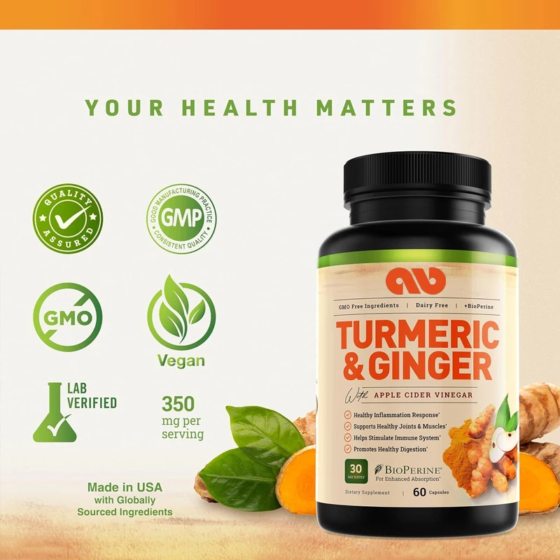 

Turmeric and Ginger Supplements - Contains Apple Vinegar and BioPerine Black Pepper -95% Curcumin Compounds -60 Capsules