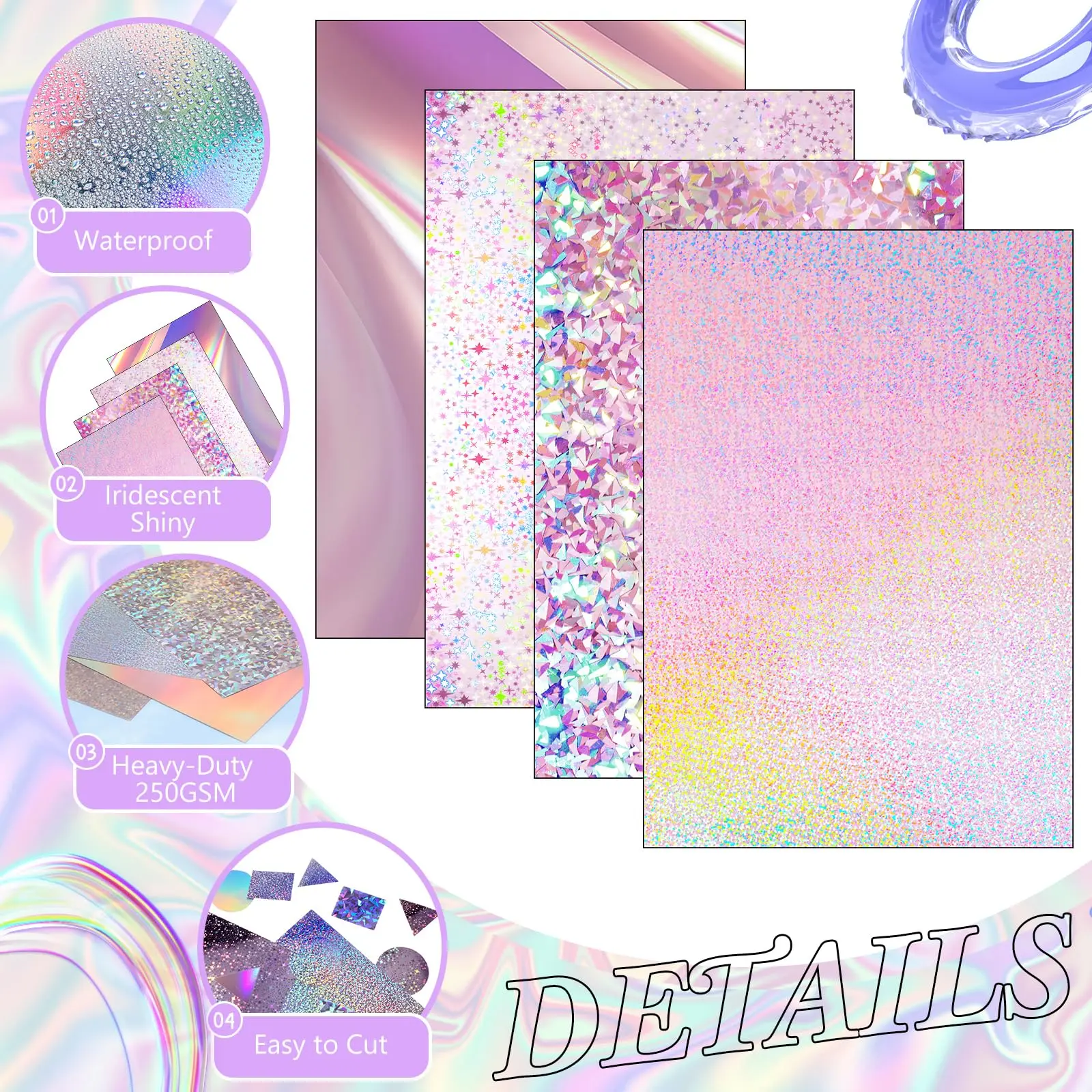 24 Sheets Holographic Cardstock 8.5 x 11, 250gsm Metallic Cardstock Glitter Mirror Paper for Crafts, Party Decoration, Scrapbook