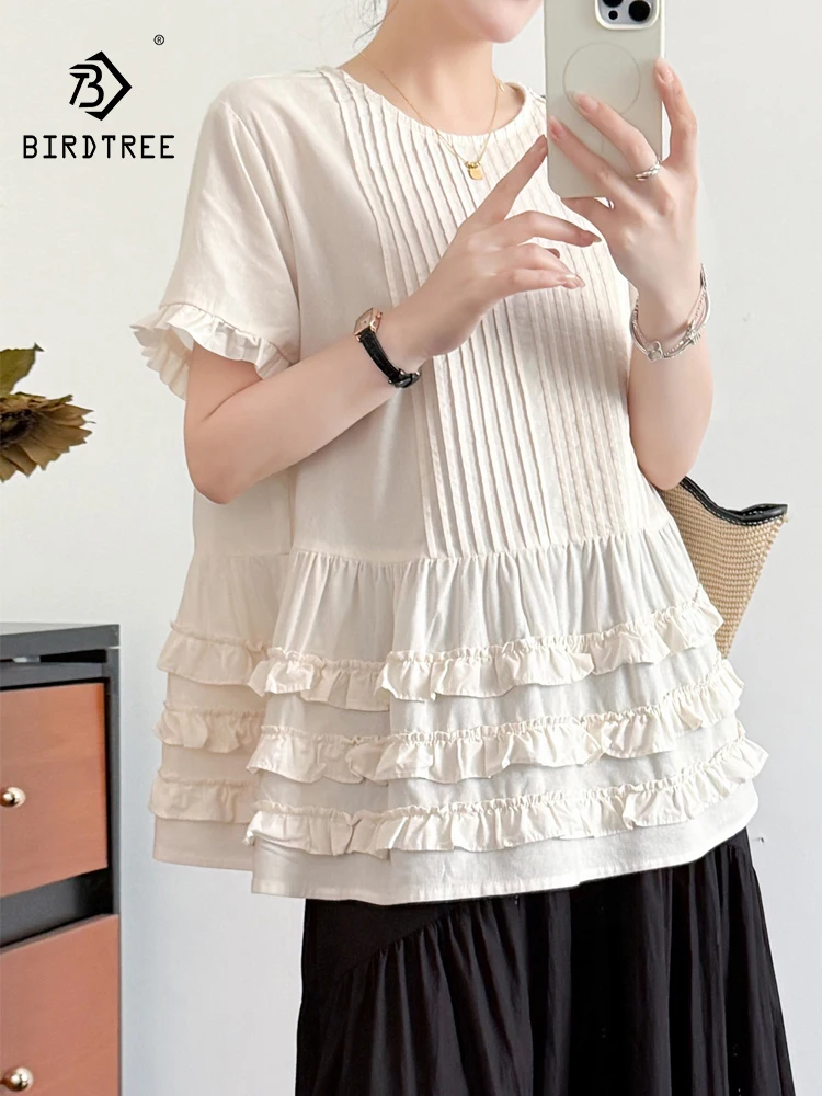 

New 2026 Summer Women Cotton Short Sleeve Shirt, O Neck Ruffles Patchwork, Mori Girl Preppy Style INS Loose doll Blouse T65051CC