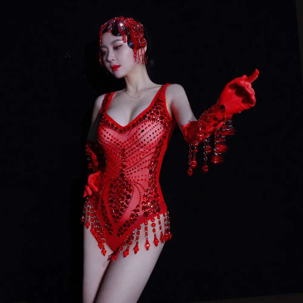 Vintage rode strass franje bodysuit kralen hoofddeksel handschoenen stadium slijtage nachtclub bar sexy gogo danseres show paaldanskostuum